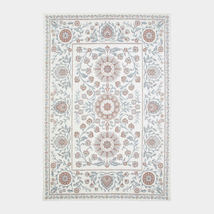 Tapis Minia Brume en tissu chenille recyclé aux nuances bleu gris et terracotta