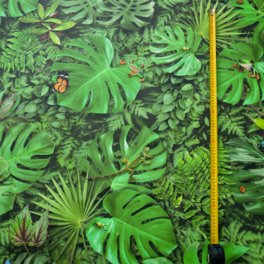 Sol Vinyle Textile Relief 3D imprimé Faune et flore tropicale, vue détail du motif avec échelle