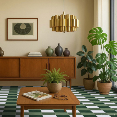 Sol Vinyle Mood - Maison Vichy - Vert dans un salon esprit maison de campagne