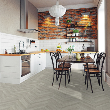 Tapis sur mesure vinyle - Parquet en chevron - Chêne gris dans une cuisine style moderne