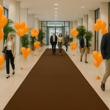 Moquette Revexpo marron, velours ras pour événementiel, posée dans un hall décoré de ballons orange