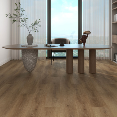 Sol PVC clipsable effet bois – Lame PVC rigide clipsable - Chêne intense dans un bureau