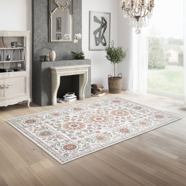 Décoration intérieure chic avec tapis recyclé Minia Pêche aux nuances terracotta et vert