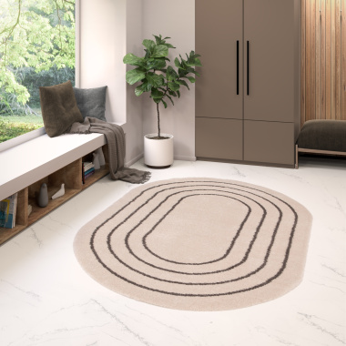 Tapis ovale en matière douce recyclée - Masha - Crème et taupe - chambre