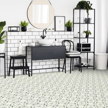 Sol Vinyle Textile Rénove acoustique - Effet carreaux de ciment arabesque gris bleuté - Salle de bain