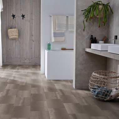 Sol PVC Best - Motif carrelage rectangulaire - Béton marron foncé - Salle de bain