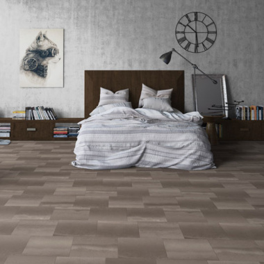 Sol PVC Best - Motif carrelage rectangulaire - Béton marron foncé - Chambre