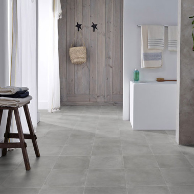 Sol PVC Sous Couche Textile - Carrelage aspect Béton - Gris - Salle de bain