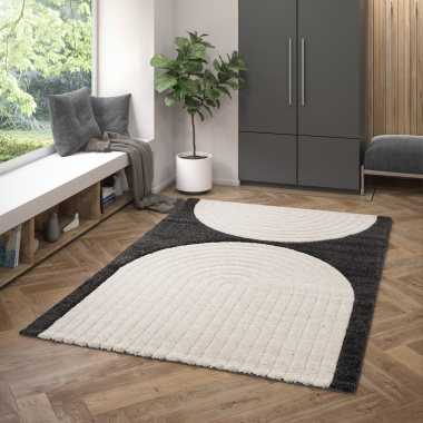 Tapis de salon en relief Modern Circle noir et crème - salon