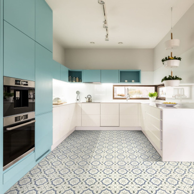 Sol Vinyle Textile Rénove - Effet carreaux de ciment arabesques bleu et gris - Cuisine