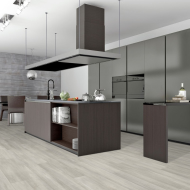 Sol Vinyle Textile Grande largeur - Parquet trait de scie - Chêne gris blanchi - cuisine