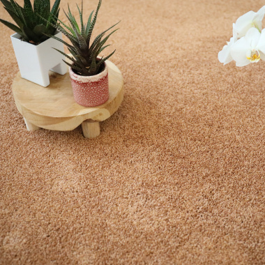 Tapis sur mesure Re-life rouille terracotta avec table basse et plante décorative