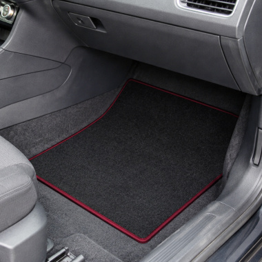 Tapis de coffre et tapis de sol voiture sur mesure - Noir chiné avec finition surjetée dans l'habitacle