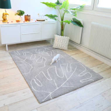 Tapis de salon en velours - Palme - Motif feuille écru et gris clair - salon
