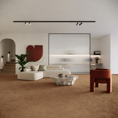 Tapis sur mesure soyeux Re-cycle rouille terracotta en polyester recyclé, ambiance chic et naturelle