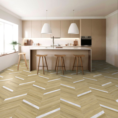 Cuisine moderne avec sol en vinyle éco-conçu chevrons marbre et chêne naturel