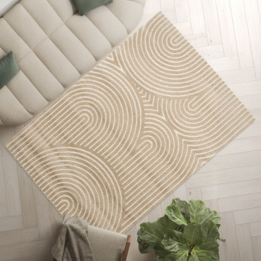Tapis de forme rectangulaire en relief Circle Courbe beige et crème, design moderne