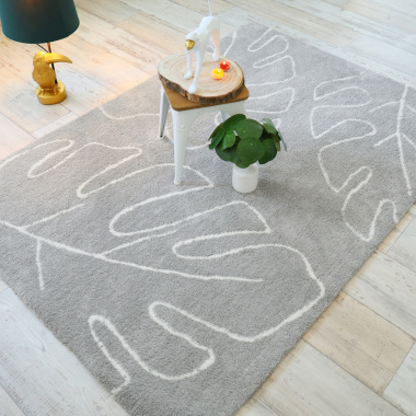 Tapis de salon en velours - Palme - Motif feuille écru et gris clair - Vue de loin