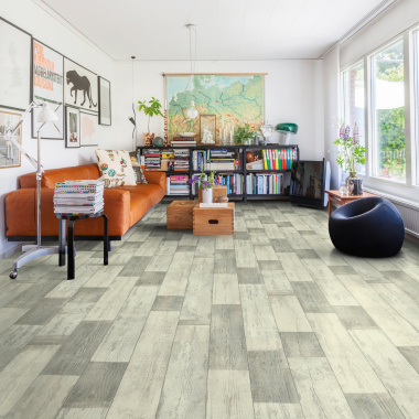 Sol Vinyle First - imitation Parquet vintage blanchi - Espace détente