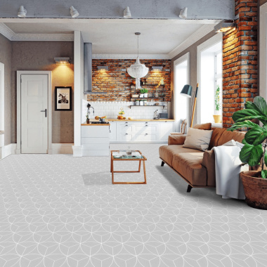 Sol vinyle textile économique rosace géométrique Gris - cuisine ouverte