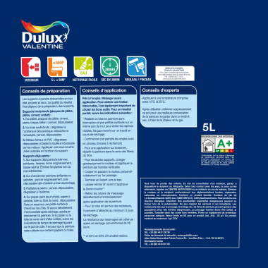 Dulux Valentine Le Blanc Tous Supports - Crème de Peinture - Velours Blanc - étiquette arrière