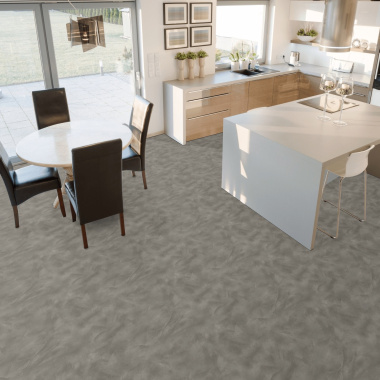 Sol Vinyle textile Rénove - Envers gris - Béton lissé gris taupe - cuisine ouverte