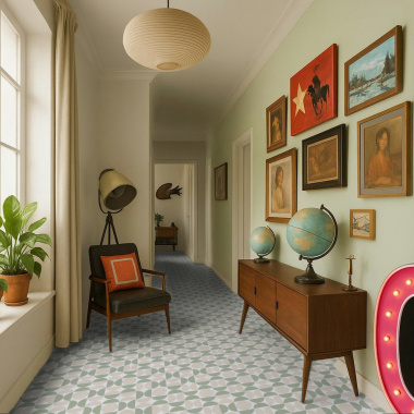 Motif géométrique vert et crème du sol Atelier Bauhaus vert dans un couloir chaleureux