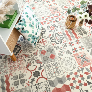 Vue de dessus du Sol Lino - Carreaux de ciment - Rouge brique et ses motifs décoratifs rouge brique et gris