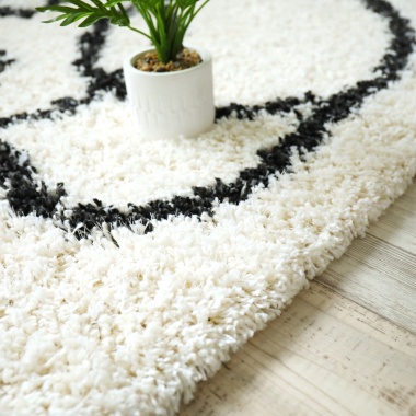 Tapis de salon à poils longs - Line art - Noir et blanc cassé - Tapis et tranche