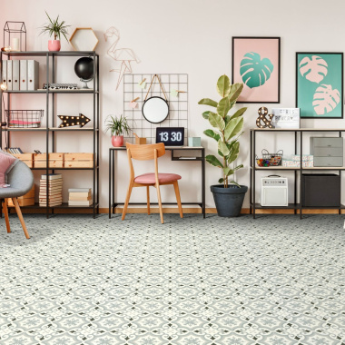 Sol Vinyle Textile Rénove acoustique - Effet carreaux de ciment arabesque gris bleuté - Bureau