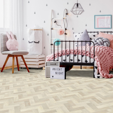 Sol Vinyle Textile Rénove - Imitation Parquet Chevrons bâtons rompus chêne blanchi - Chambre