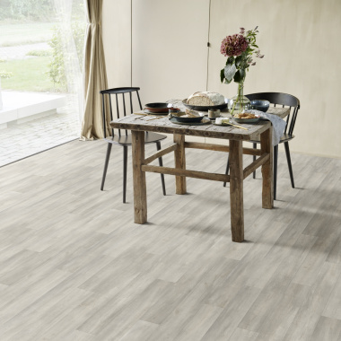 Sol Vinyle Textile Grande largeur - Parquet trait de scie - Chêne gris blanchi - salle à manger