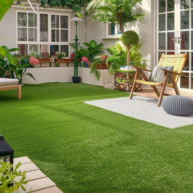 Terrasse design avec gazon synthétique Monaco 49 mm et banquette lounge