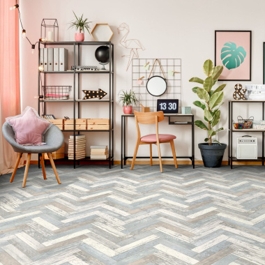 Sol Vinyle First - Imitation parquet usé chevron coloré - Bureau