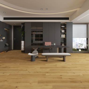 Sol parquet vinyle rigide ultime clipsable XXL Old Brown posé dans un grand espace de vie moderne