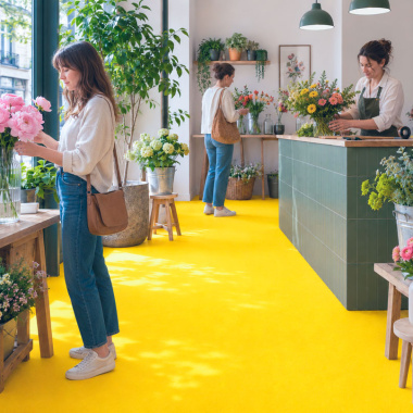 Moquette Stand Event - Jaune dans une boutique de fleurs avec allée centrale aux couleurs éclatantes