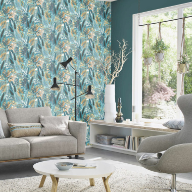 Papier peint vinyle sur intissé - Néo Jungle - Feuilles exotiques bleues - salon