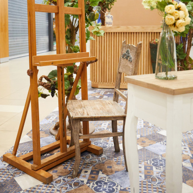 Sol PVC Sous Couche Textile - Carreaux Art Déco - Terre de Sienne et Bleu Gris - stand expo