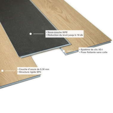 Vue technique des lames du parquet vinyle rigide clic Décor chêne clair avec sous-couche IXPE