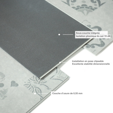 Vue technique de la Dalle PVC clipsable rigide Ultime Plus - Carreaux de ciment gris - Finition extra mate