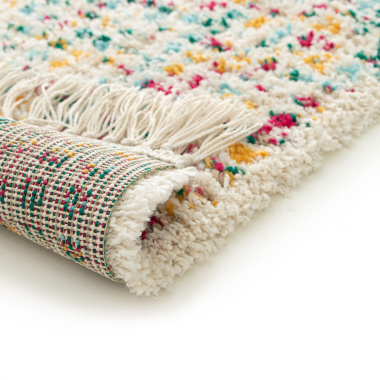 Finition du Tapis motif berbère Tribus du désert Multicolore, franges nouées et trame colorée