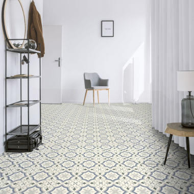 Sol Vinyle Textile Rénove - Effet carreaux de ciment arabesques bleu et gris - Couloir