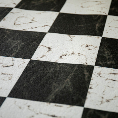 Zoom sur la moquette événementielle Damier marbré Stand imprimée – Carreaux noirs et blancs