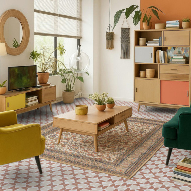 Ambiance chaleureuse avec sol vinyle Mood damier et déco Terracotta dans le salon