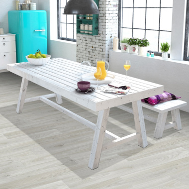 Sol Vinyle Textile Grande largeur - Aspect parquet - Chêne blanc - salle à manger cuisine