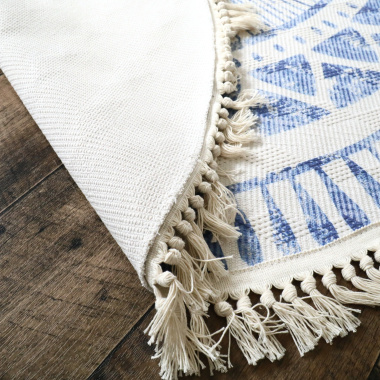 Tapis rond en coton blanc à franges - Aztèque - Motifs bleu - Tranche retournée