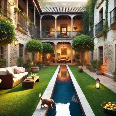 Jardin aménagé avec gazon synthétique Séville - 50mm, ambiance méditerranéenne