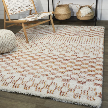 Tapis damier à poils longs - Pixel - Effet terracotta - salon
