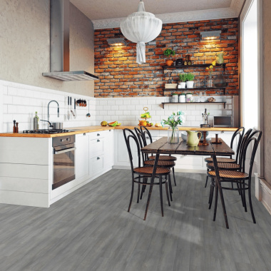 Sol Vinyle Textile Grande largeur - Parquet trait de scie - Chêne gris - cuisine