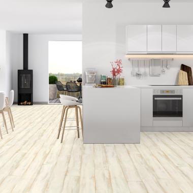 Sol vinyle textile économique parquet bois peint patiné crème - cuisine ouverte